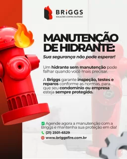 O sistema de #hidrantes é um dos principais aliados no combate a incêndios de grandes proporções 💦🔥 Mas um hidrante sem manutenção pode apresentar baixa pressão, vazamentos ou mangueiras ressecadas, tornando-se inútil no momento da emergência.  A BRIGGS realiza a #manutenção completa dos hidrantes, incluindo teste hidrostático, verificação de pressão, inspeção de válvulas, #mangueiras e conexões, além de garantir que o sistema esteja 100% operacional e conforme as exigências do Corpo de Bombeiros.  👉 Garanta eficiência no combate a #incêndios. Agende a manutenção do seu sistema de hidrantes com a BRIGGS e tenha a certeza de que sua estrutura está protegida.  Fale com a gente:
📞(21) 2501-6529 (whatsapp e ligação)
✉️comercial@briggsfire.com.br