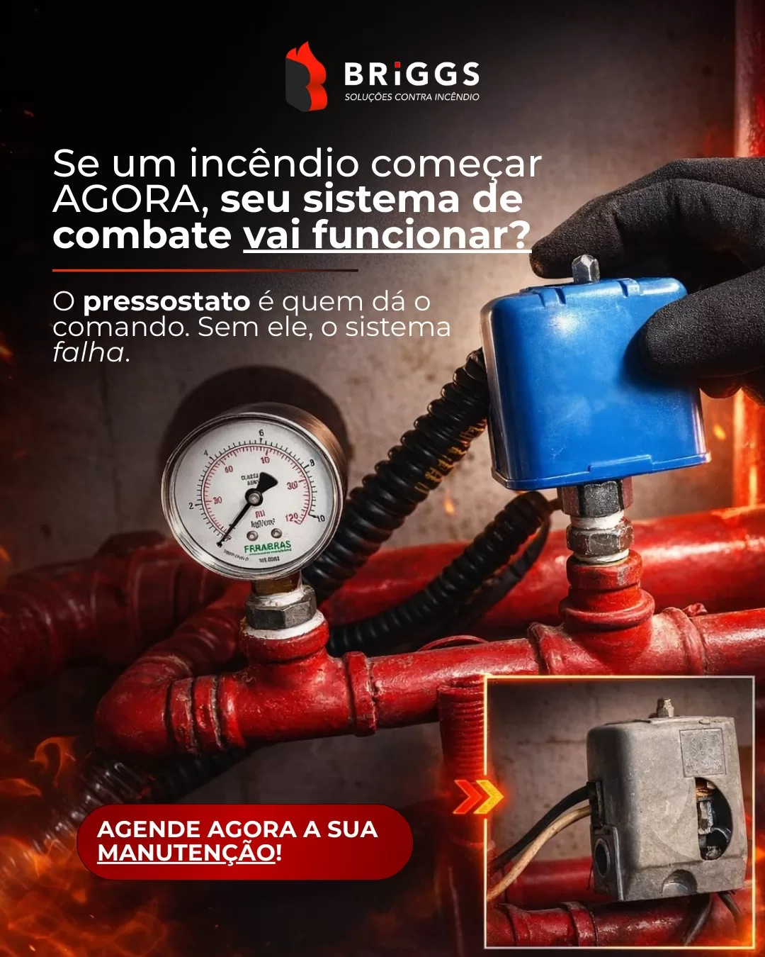 E se o #incêndio começasse agora… a bomba iria ligar? 🚨  O #pressostato é o componente responsável por acionar automaticamente a bomba de incêndio quando há queda de pressão no sistema.

Quando ele falha, a bomba simplesmente não entra em funcionamento — e isso pode acontecer justamente no momento mais crítico 🔥 

⚠️ Pressostato desgastado, travado ou fora de especificação é um risco real e silencioso. Por isso, a #manutenção preventiva e a troca no tempo correto são indispensáveis para garantir que o sistema responda quando for exigido.

Segurança contra incêndio não pode falhar 👉 Fale com a BRIGGS e garanta que seu sistema esteja pronto para agir.

📞(21) 2501-6529 (whatsapp e ligação)
✉️comercial@briggsfire.com.br