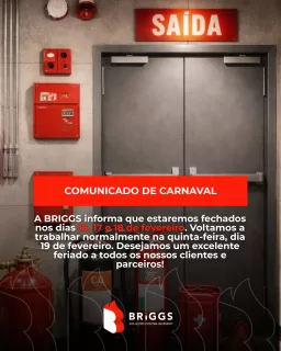 🎭🔥 Aviso de #Carnaval | BRIGGS 🔥🎭 Devido ao #feriado de Carnaval, a BRIGGS informa que não haverá expediente nos dias 16, 17 e 18 de fevereiro.

Retornamos com nossas atividades normalmente na quinta-feira, dia 19/02. Aproveitamos para desejar um excelente feriado a todos os nossos clientes e parceiros. Que seja um período de descanso, mas sempre com responsabilidade e segurança.

💡 Conte com a BRIGGS antes e depois do feriado para manter seus sistemas de incêndio sempre em dia. Bom Carnaval! 🎉🔥
