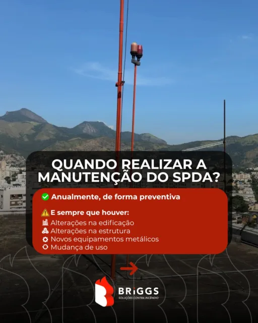 Seu #SPDA está realmente preparado para proteger a sua edificação? ⚡ O Sistema de Para-Raios precisa passar por manutenções preventivas periódicas para garantir que continue funcionando de forma eficiente quando for necessário.

Lembre-se: a ausência de #manutenção pode não oferecer a proteção esperada em caso de descargas atmosféricas, colocando em risco pessoas, equipamentos e a própria estrutura da edificação.

A BRIGGS realiza inspeções, ensaios, manutenções e adequações em SPDA, garantindo que o seu sistema esteja em conformidade com as normas e preparado para proteger o seu patrimônio.

Fale com a gente:
📞 (21) 2501-6529 (WhatsApp e ligação)
✉️ comercial@briggsfire.com.br
