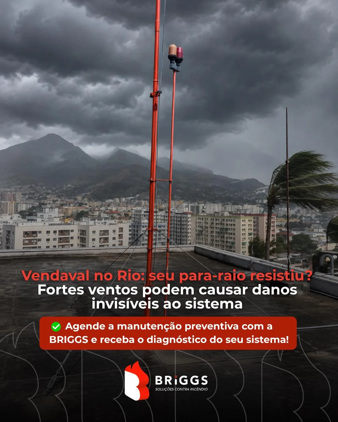 Após os fortes vendavais que atingiram o Rio de Janeiro, é importante lembrar que o sistema de para-raios do seu condomínio pode ter sofrido danos, mesmo que eles não sejam visíveis.🌬️

A #manutenção preventiva e as inspeções periódicas garantem que o sistema esteja em perfeito funcionamento quando mais for necessário.

⚠️ Não espere o próximo temporal para agir. Mantenha a manutenção do para-raios em dia com a BRIGGS. Agende uma visita agora para avaliação do seu SPDA!